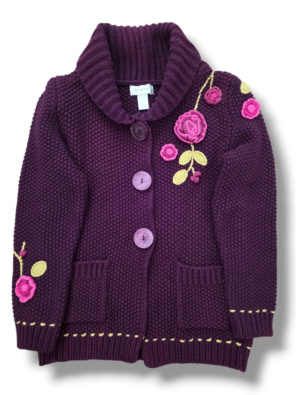 Savannah Girls 6X Purple Chunky Knit Embroidered Flower Cardigan Sweater Coat